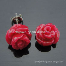 10mm Dyed Coral Carved Rose Flower Stud Earrings Fashion Coral Earring for lady EF-010